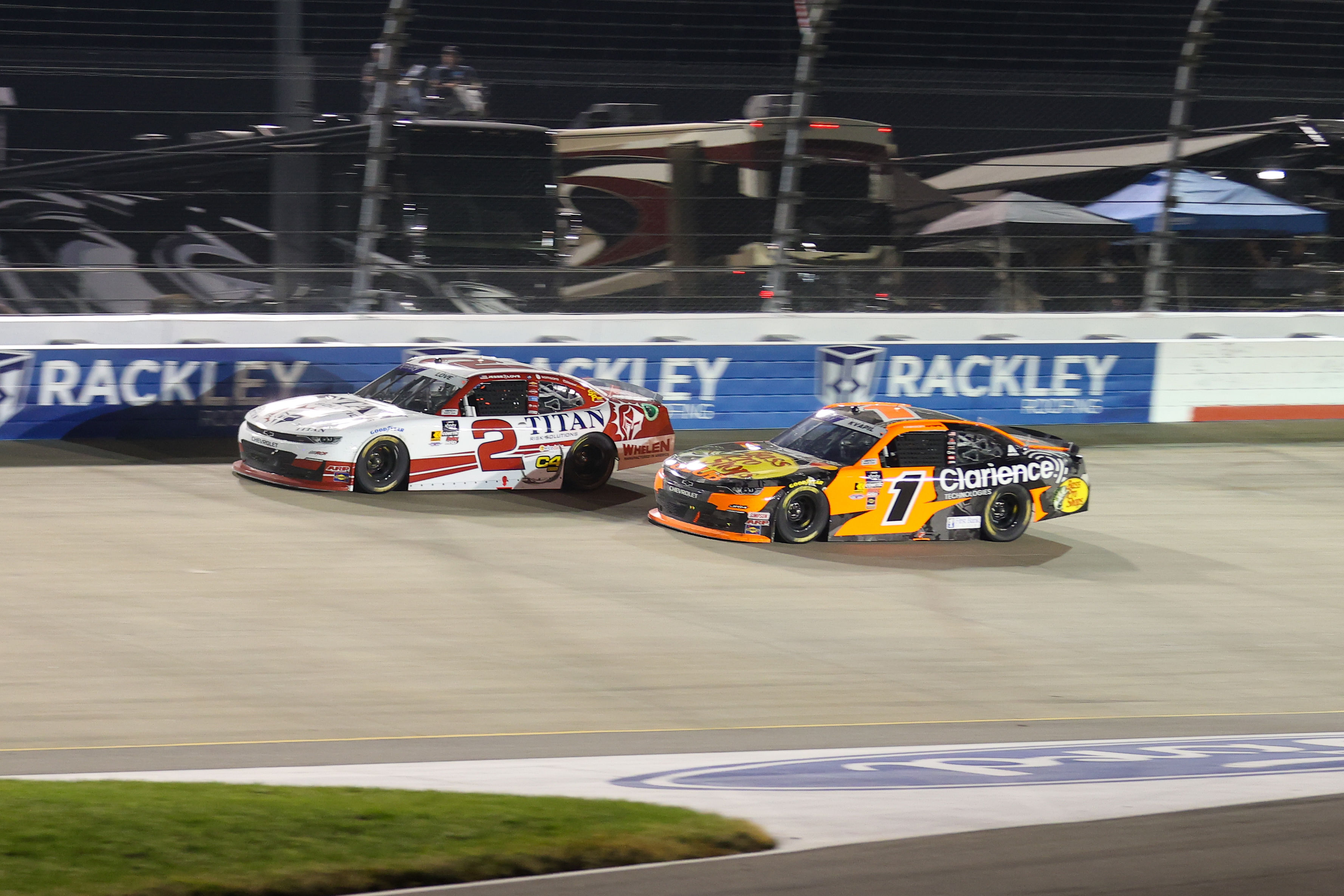 Jesse Love (2) and Carson Kvapil (1) during the Tennessee Lottery 250 at Nashville Superspeedway. Source: Imagn